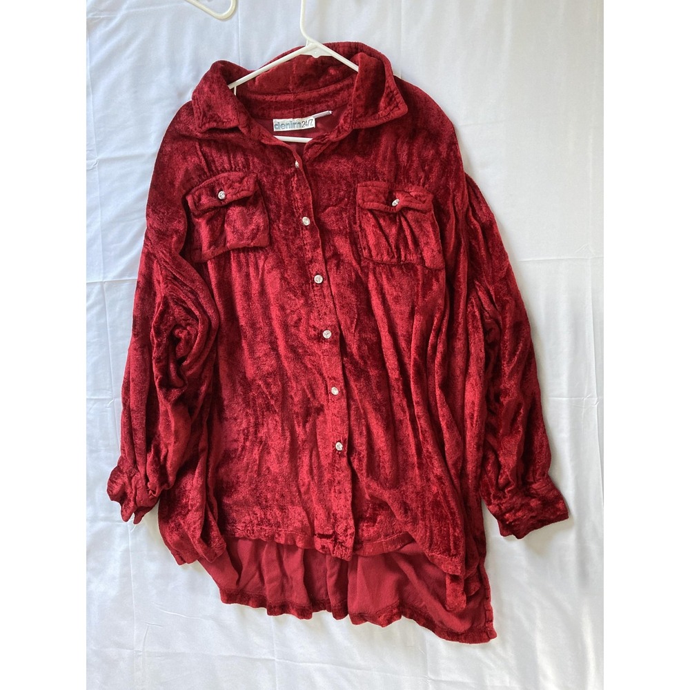 Denim 24/7 Shirt Women 24W Ruby Red Velvet Button Tunic Top Plus Long Sleeve - Picture 4 of 13